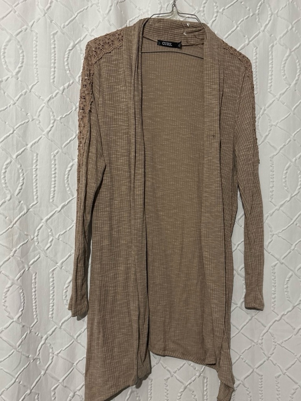 Cure Taupe Crochet-Trim Open Cardigan